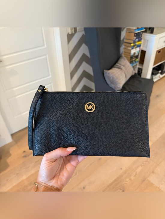 Michael Kors Handbags - Michael Kors Black Zip Up Black Leather Envelope Pouch Gold Hardware 10" by 5"